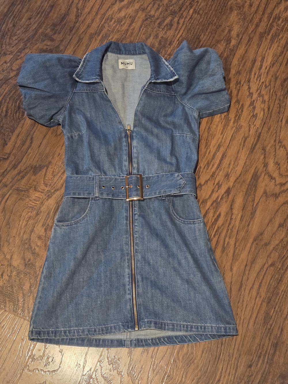 Show Me Your MuMu XS Blue Denim Zip-Front Belted Mini Dress with Puff Sleeves